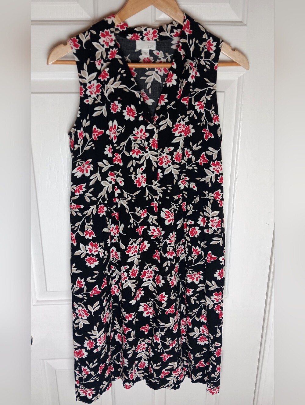 J. Jill Size XS Midi Dress Sleeveless Button Up Collared Black Red Floral